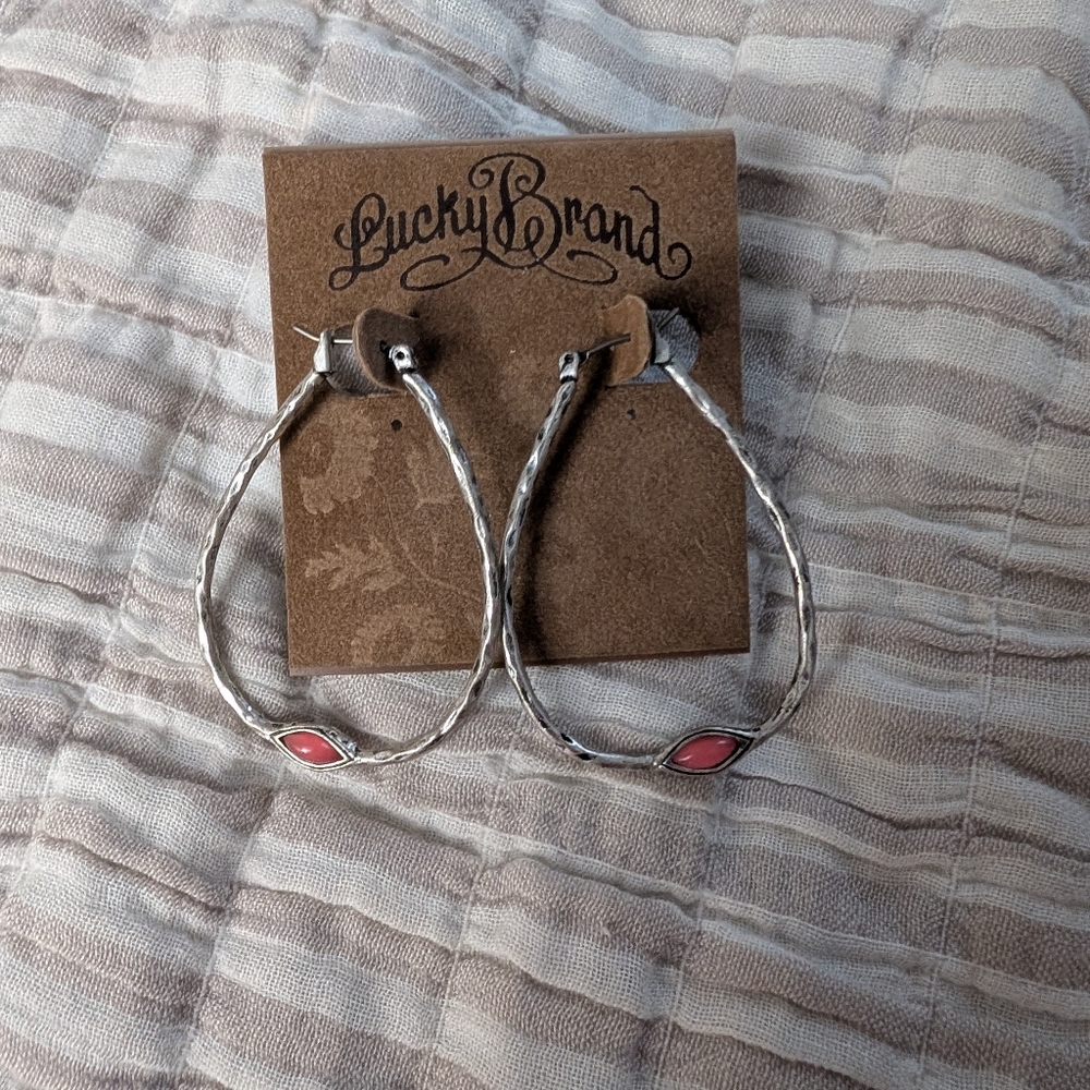 NWT Lucky Brand Silver and Red/Pink Stone Hoop Earrings
